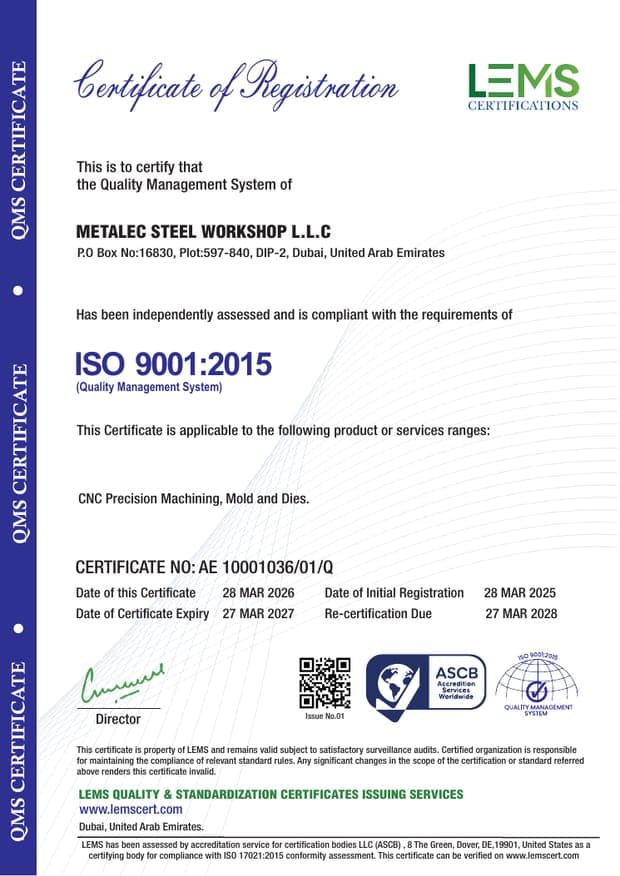 ISO 9001:2015 certificate for METALEC